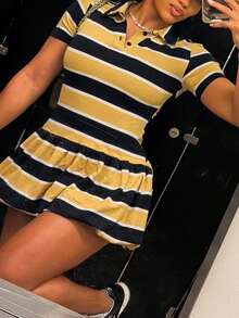 Fashionable Collared Vintage Striped Sporty Short Sleeve Dress - Yellow - View 3