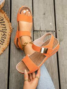 Plus Size Women's Vintage Solid Color Buckle Wedge Thick Sole Sandals - Orange - View 3