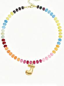 1pc Bohemian Style Colorful Beaded Gemstone Necklace, Bubble Letter Pendant Necklace, Natural Gemstone, Handmade Jewelry Gift - Multicolor - View 23