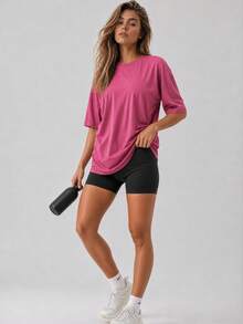 Women's Loose Oversized Dropped Shoulder Purple Solid Color T-Shirt Short Sleeve Round Neck Top Summer Casual Shirt Y2K 2026 Basic Style - Purple - View 3