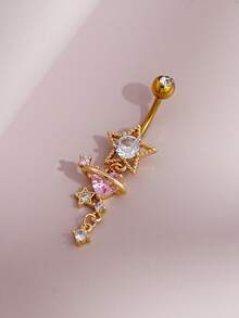 1pc Pink Heart Zirconia Planet Pattern Pierced Belly Button Ring, Delicate And Sexy, Suitable For Women's Daily Wear, Dating, Party And Gathering - Yellow Gold - View 4