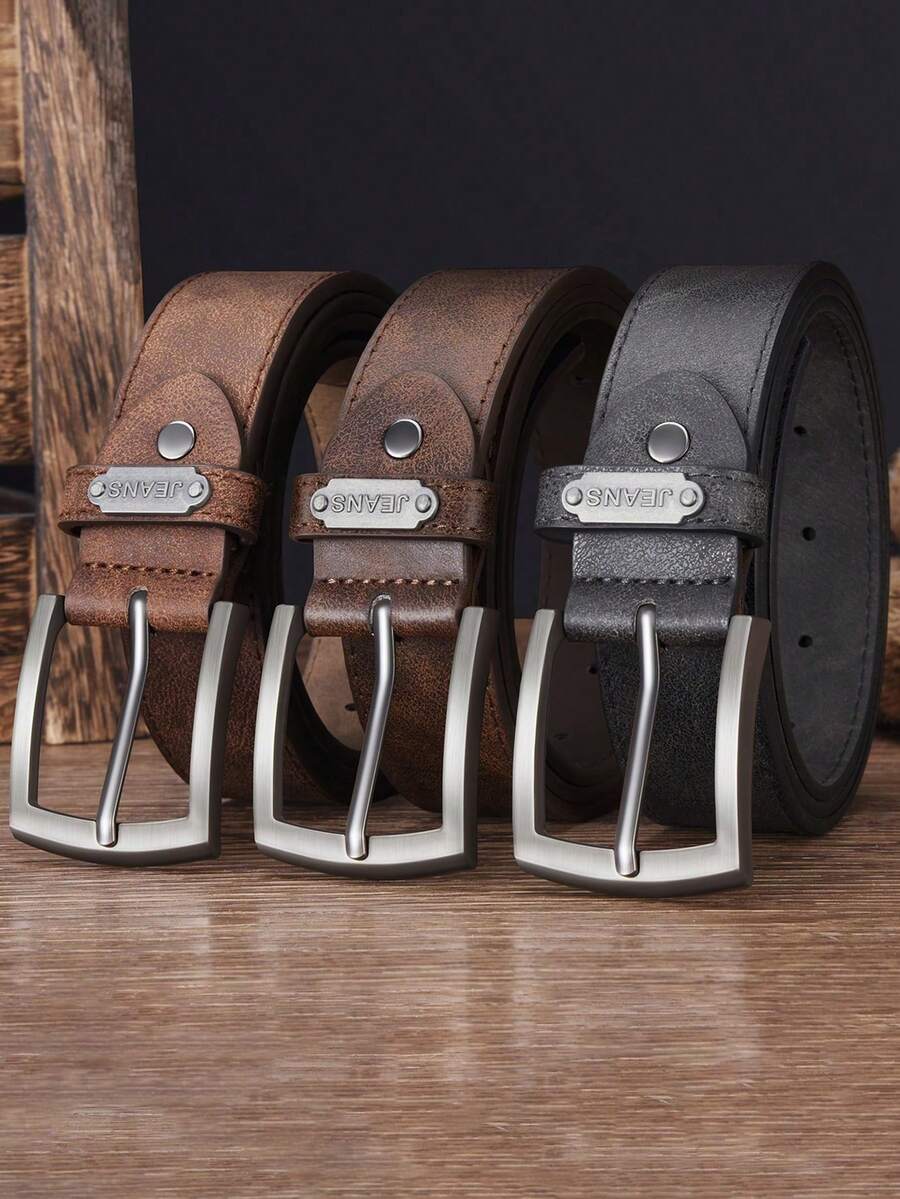 Set 3 Buah Sabuk Kasual Desainer Pria dengan Gesper Logam - Sabuk Mewah Modis Kulit Sintetis Berkualitas Tinggi, Cocok untuk Acara Sehari-hari dan Formal - 3 pcs (hitam + coklat + unta) - View 1