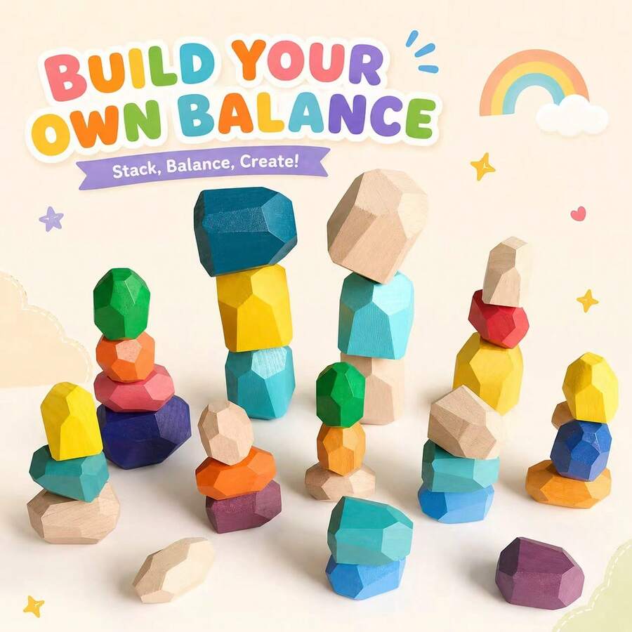20pcs Natural Wooden Stacking Balance Stones: Montessori Educational Toy, Suitable For Toddlers, Puzzle Sorting & Early Learning, Children's Birthday And Christmas Gift - Multicolor - View 1