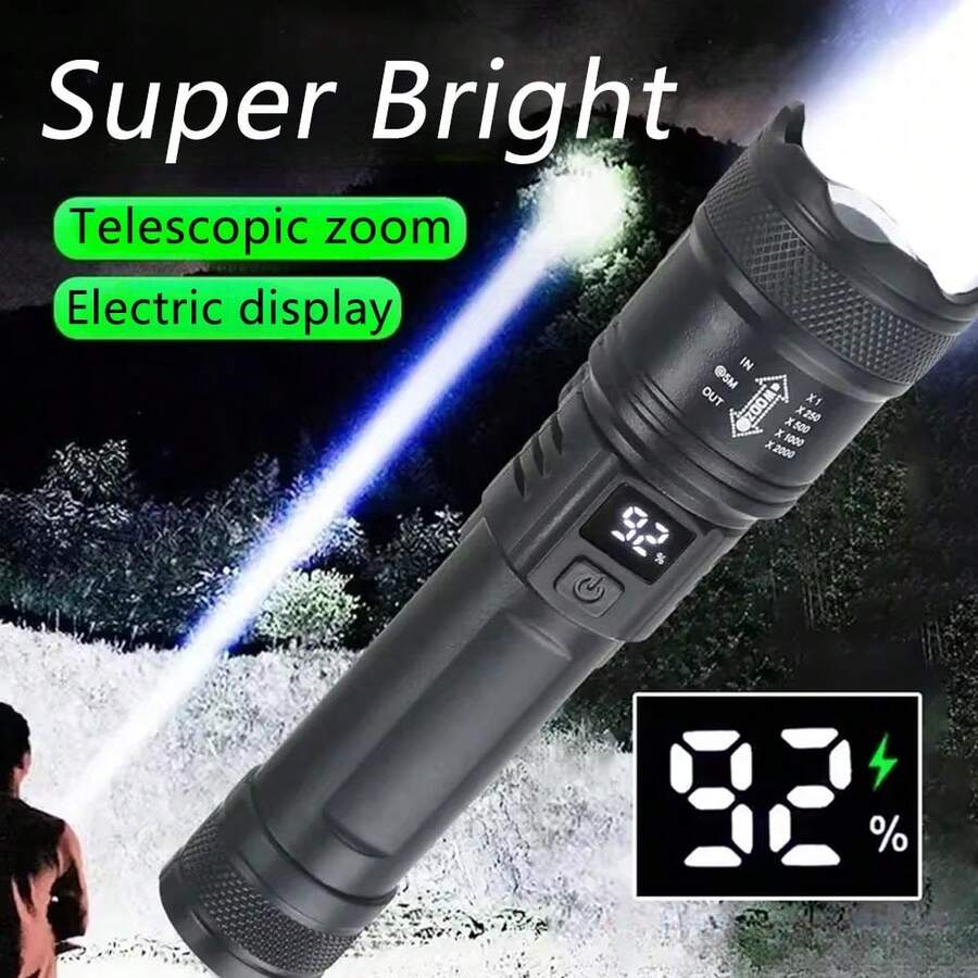 1pc ABS High Brightness Zoomable LED Flashlight With Digital Power Display, Rechargeable Type-C Portable Handheld Torch For Outdoor Camping Hiking Emergency Night Fishing Daily Home Use - Flashlight - View 1