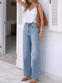 Fashion Women's Office Straight Leg Jeans, Washed Process, Cat Whisker Detail Design, With Pockets, Suitable For Daily Casual Wear - Light Wash - View 5