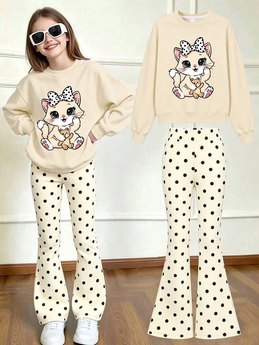 2pcs Sweet Girl Outfit Set, Cute Bow & Cat Teddy Print Sweatshirt & Polka Dot Flare Pants, Soft Autumn/Winter Daily Wear - Apricot - View 1