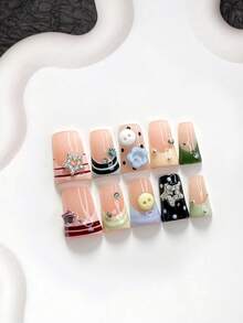 10pcs/Set Playful & Cute Handmade Press-On Nails, Poly Gel Nail Set, Star & Button Decor, Striped & Polka Dot, Yellow/Blue/Pink/Green Nail Polish Colors, Casual Style, Includes Nail Tools, 3 Sizes Available, Almond/Duck/Coffin Shape, Suitable For Party, Dancing, Daily Wear - 彩色 - 查看 18