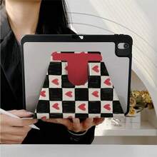 1pc Black & White Checkerboard Red Heart Pattern 360° Rotating Tablet Protective Case, Multi-Angle Magnetic Stand Cover, Auto Sleep/Wake Function, Compatible With IPad PRO/AIR, Pad 5/6/7, Pad, Matepad, Pad, Honor Pad, Pad - Multicolor - View 3