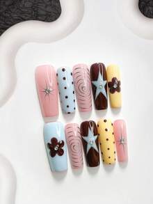 10pcs/Set Sweet Style Handmade Press-On Nails, Poly Gel Nail Art Set, Star Floral Polka Dot Rhinestone Design, Yellow & Blue Nail Color, Fresh Style, Includes Nail Tools, 3 Sizes Available, Almond/Duck/Coffin Shape, Suitable For Party, Dancing, Daily Wear - 彩色 - 查看 18