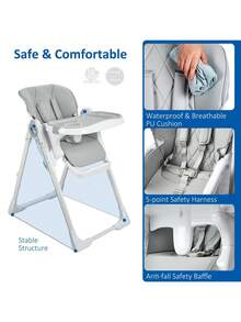 3-In-1 Adjustable And Foldable High Chair For Babies – Removable Tray, Easy To Clean And Store, Portable Feeding Chair For Infants And Toddlers – Gray - Light Grey - View 3