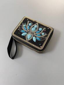 Best-Selling Bohemian Style Card Holder With Money Tree, Eye, Peacock, And Leaf Patterns, Large Capacity Multifunctional Card Storage Bag With Double Zipper Coin Purse, Creative Gift Choice For Best Friends And Yourself - Multicolor - View 11