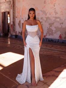 ADYCE Elegant Tube Top Sequin High Waist Ruched Tie-Back Backless High-Slit Fishbone Floor-Length Evening Gown Prom Homecoming Wedding Guest Party White - White - View 3