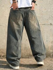 1 buah Celana Jeans Pria Model Longgar Kaki Lebar Gaya Vintage, Tidak Melar, Cocok untuk Pakaian Kasual dan Kerja - Dusty Blue - View 2
