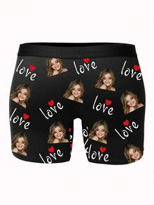 1pc Customized "I Love My Wife" Men's Boxer Briefs, Personalized Wife Photo Underwear, Romantic Gift For Husband, Heart Design, 9 Sizes - Black - View 4
