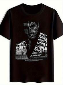 Mens White T-Shirt Money Power Respect Rap-Inspired Vertical Text & Money Motif - Casual Round Neck Short Sleeve Shirt With MPR Lettering For Hip-Hop - 黑色 - 查看 1