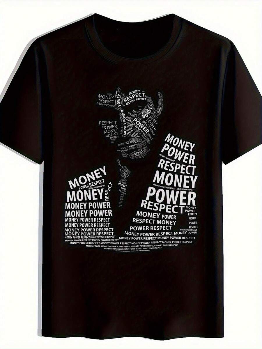 Mens White T-Shirt Money Power Respect Rap-Inspired Vertical Text & Money Motif - Casual Round Neck Short Sleeve Shirt With MPR Lettering For Hip-Hop - 黑色 - 查看 1