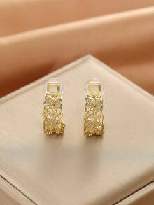 1 Pair Fashionable New Zirconia C-Shaped Mesh Copper Earrings For Women, No Piercing Ear Clips, Elegant Elegant Jewelry, Suitable For Daily Wear And Holiday Gifts - Ear Clip - View 7