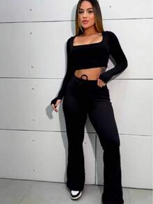 Conjunto Feminino Suplex Calça Flare e Blusa Manga Longa Moda Casual Elegante Confortável Inverno Outono Tamanho Único - Marrom - Visão 3