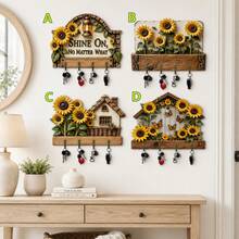 2D Flat, 1pc, Sunflower Welcome Key Hook, Wooden Multi-Functional Home Key Rack, Includes Four Metal Hooks, Wall Decor, Porch Decor, Room Decor, Villa Decor, Seasonal Home Hanging Rack Decor - Multicolor - View 1