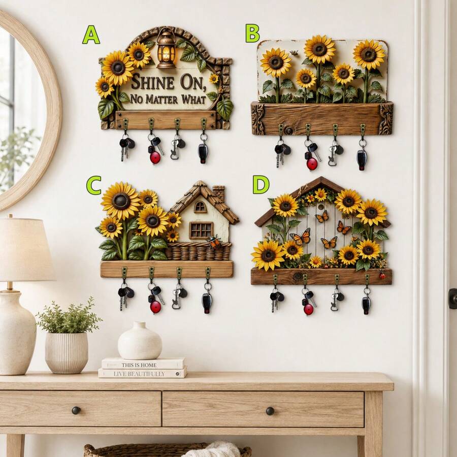 2D Flat, 1pc, Sunflower Welcome Key Hook, Wooden Multi-Functional Home Key Rack, Includes Four Metal Hooks, Wall Decor, Porch Decor, Room Decor, Villa Decor, Seasonal Home Hanging Rack Decor - Multicolor - View 1