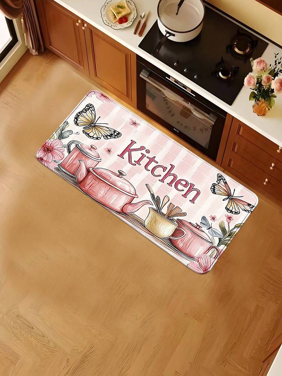 1pc Pink Cookware Pattern Kitchen Mat, Faux Cashmere Square Decorative Rug, Washable Soft Kitchen Floor Mat, Suitable For Party Decor, Room, Hallway, Entryway, Living Room, Bathroom, Kitchen, Study, Indoor And Outdoor Decor, Perfect Gift For Room Decor, Home Decor, Home Gift Welcome Mat, Birthday Gift, Party Gift - View 1
