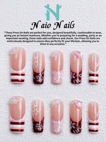 NAIO 10片/組手工穿戴式假指甲，3種尺寸：棺材型/杏仁型/短方型，Y2K優雅風，裸色法式美甲搭配花卉與條紋設計，珍珠與星星裝飾，適合女性與女孩，日常使用與派對，女士美甲禮物，美甲用品 - 彩色 - 查看 4