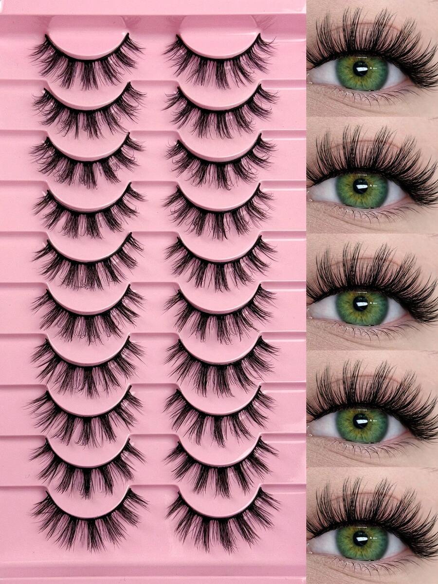 10 Pairs Full Set False Eyelashes Russian Lashes D Curl Fluffy Mink-Like Eye Extended Natural Thick Lash Extension Travel Makeup Essential False Lashes