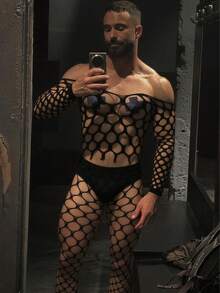 性感男士 T-shirt，透視豹紋內褲，男士魚網內衣，男士短版網紗上衣 - 黑色 - 查看 1