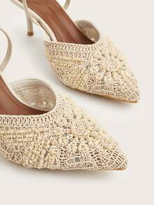 Apricot Pointed Toe Closed Toe Crochet Beaded Luxury Middle Eastern Mule Shoes Wine Glass Heel Stiletto High Heels - Apricot - View 3