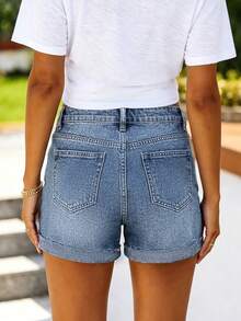 Women's Non-Stretch Mid-Rise Casual Denim Shorts, Button Fly, With Pockets, Distressed Straight Leg Style - Dark Wash - View 2