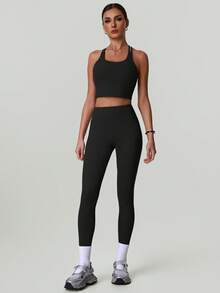 2 Piece Workout Set Women's Round Neck Cross Strap Backless Padding Crop Top Vest Sports Bra And High Waist Tummy Control Pockets Yoga Leggings - Black - View 5