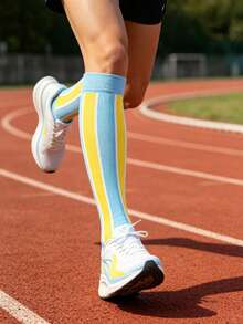 4/1 Vertical Striped Contrast Color Durable Micro-Compression Professional Sports Long Compression Socks, High Tube Socks Suitable For Running, Cycling, Fitness And Sports - Multicolor - View 4