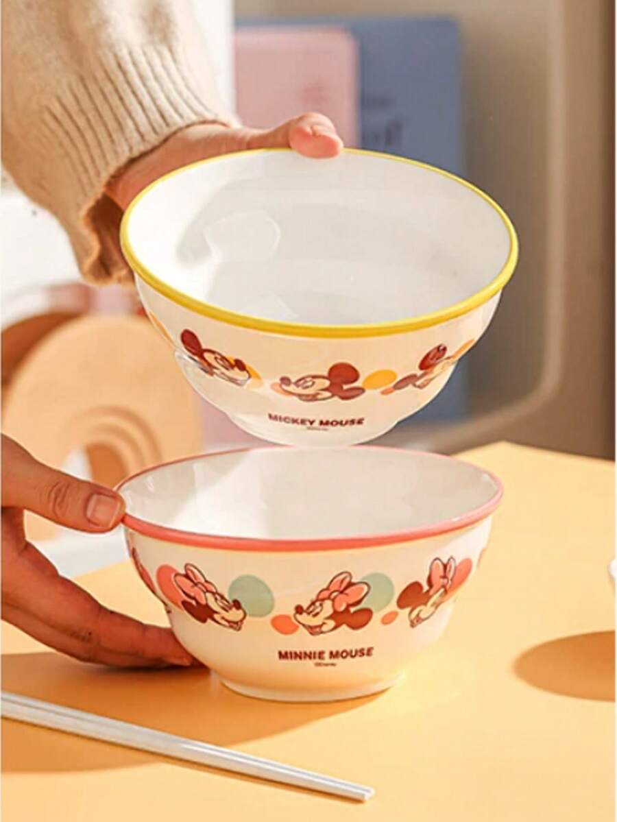 Ensemble de vaisselle en céramique officiel Disney Mickey Mouse & Minnie Mouse, bols de dessin animé mignons assortis comprenant bol à riz, bol à soupe & assiette, vaisselle en porcelaine de haute qualité pour la maison, la cuisine & le dortoir, parfait pour un usage personnel, micro-ondes & lave-vaisselle - Lin jaune - Voir 1