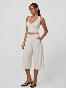 TimeOff Women's One Set Solid Color V-Neck Cropped Tank Top With Side Pockets And Pleated Waist Wide Leg Mid-Length Pants Sports Set - Apricot - View 4