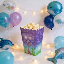 6pcs Purple Fish Scale Paper Popcorn Boxes, Suitable For Mermaid Theme Birthday Party, Random Color Style (6pcs/Set), Can Be Used As Disposable Popcorn Container, French Fries Box, Bread Box, Candy Box, Gender Reveal Disposable Food Packaging Container, Perfect For 1st Birthday Party, Newborn Party, White And Purple Fish Scale Paper Popcorn Box, Gender Reveal Tray - Multicolor - View 6