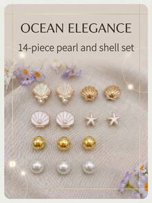14/16pcs Emas & Krem Dua Warna Cangkang Laut, Mutiara, Bintang Laut Resin ABS Hiasan Sepatu, Dekorasi Sepatu yang Dapat Dilepas Sendiri - Gaya Alas Kaki yang Dipersonalisasi - Krem - View 9