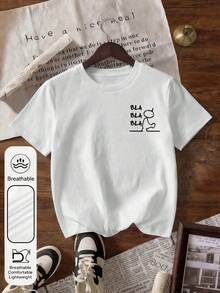 Plus Size Women's Daily Street Simple And Fun Lines Graphic Crew Neck Short Sleeves Casual Summer Women's White Tops - White - View 6