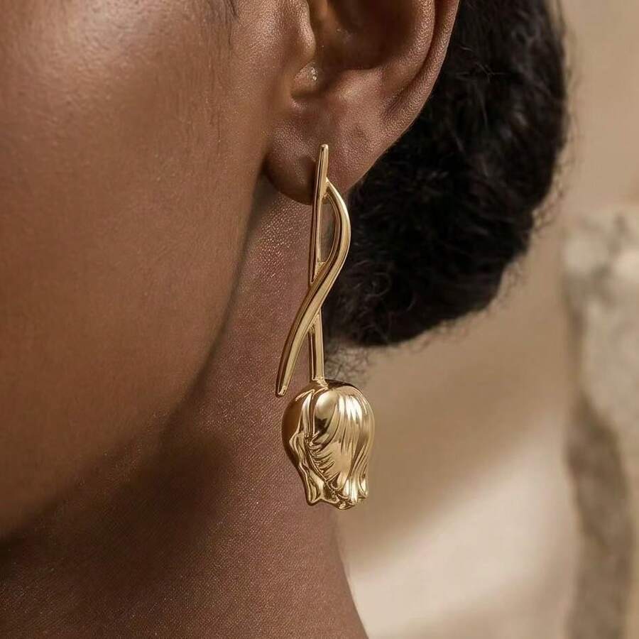 Twisted Bar Gold Tulip Bud Long Drop Earrings French Vintage Floral Dangle Earrings Elegant Face Slimming Metal Ear Jewelry For Women Daily Party - Gold - View 1