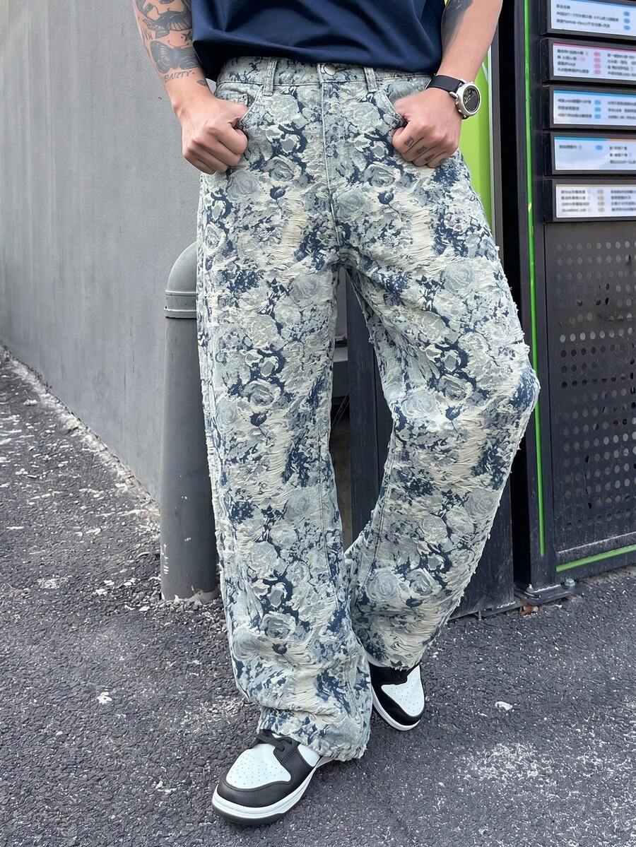 Men's All-Over Print Casual Versatile Everyday Travel Denim Jeans - Blue - View 1