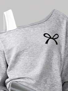 Tween Girl Bow Print Open Shoulder Asymmetric Hem Casual Sweatshirt, Autumn/Winter - Grey - View 3