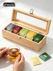 choxila 1Pc Wooden Tea Bag Storage Box, Compartment Desktop Sundries Organizer Flip Cover Storage Rack For Office Coffee Tea Storage - Wooden Tea Bag Storage Box - View 2
