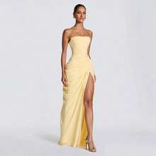 Summer Dresses For Women's 2026 Strapless Yellow Maxi Dress | Elegant Fitted High Slit Evening Gown For Party, Wedding Guest & Formal Occasions,Fitted - 黃色 - 查看 12