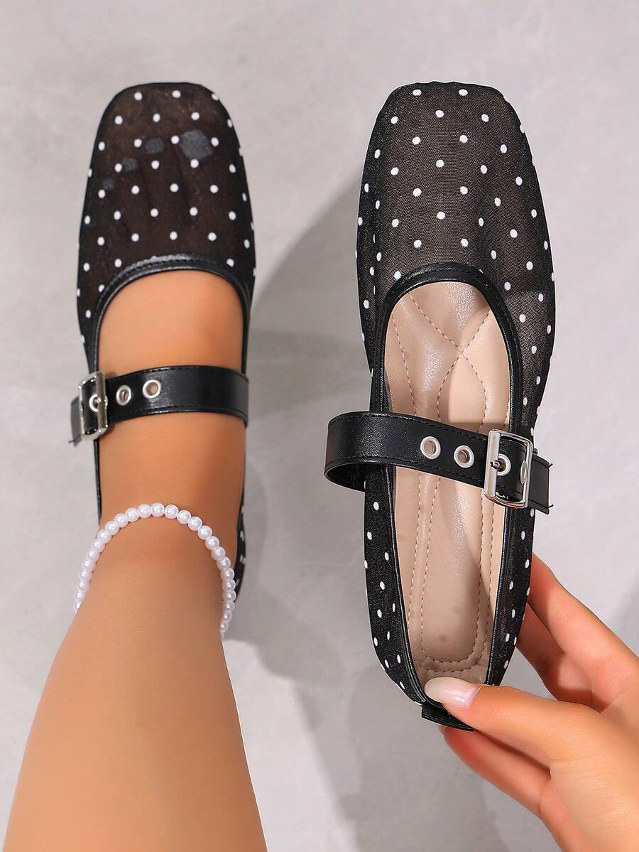 Zapatos Mary Jane de malla con lunares para mujer, primavera/verano, estilo vintage francés, punta cuadrada, correa única, zapatos planos para uso diario - Negro - Ver 1