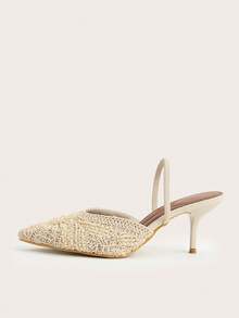 Apricot Pointed Toe Closed Toe Crochet Beaded Luxury Middle Eastern Mule Shoes Wine Glass Heel Stiletto High Heels - Apricot - View 5
