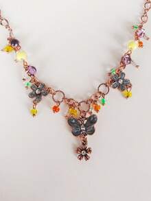 1pc Butterfly Flower Beaded Necklace Vintage Bohemian Style Metal Rhinestone Multi-Color Pendant Necklace, Suitable For Women's Daily, Party, Holiday Wear, Holiday Gift, Jewelry Gift - Multicolor - View 4