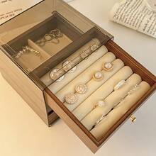 1pc 3/5-Layer Walnut Color Jewelry Box, Top Cover Ring Slots + Double-Layer Divided Drawers, Classified Storage For Earrings, Bracelets, Pendants. Dust-Proof Transparent Cover, Dressing Table Jewelry Organizer. - Multicolor - View 10