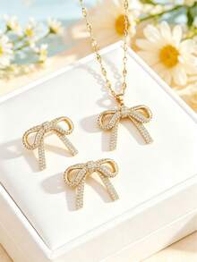 1 Set Stainless Steel Chain Zirconia Bow Pendant Fashion Necklace & Earrings Jewelry, Gift Accessory - Style a - One Size - View 5