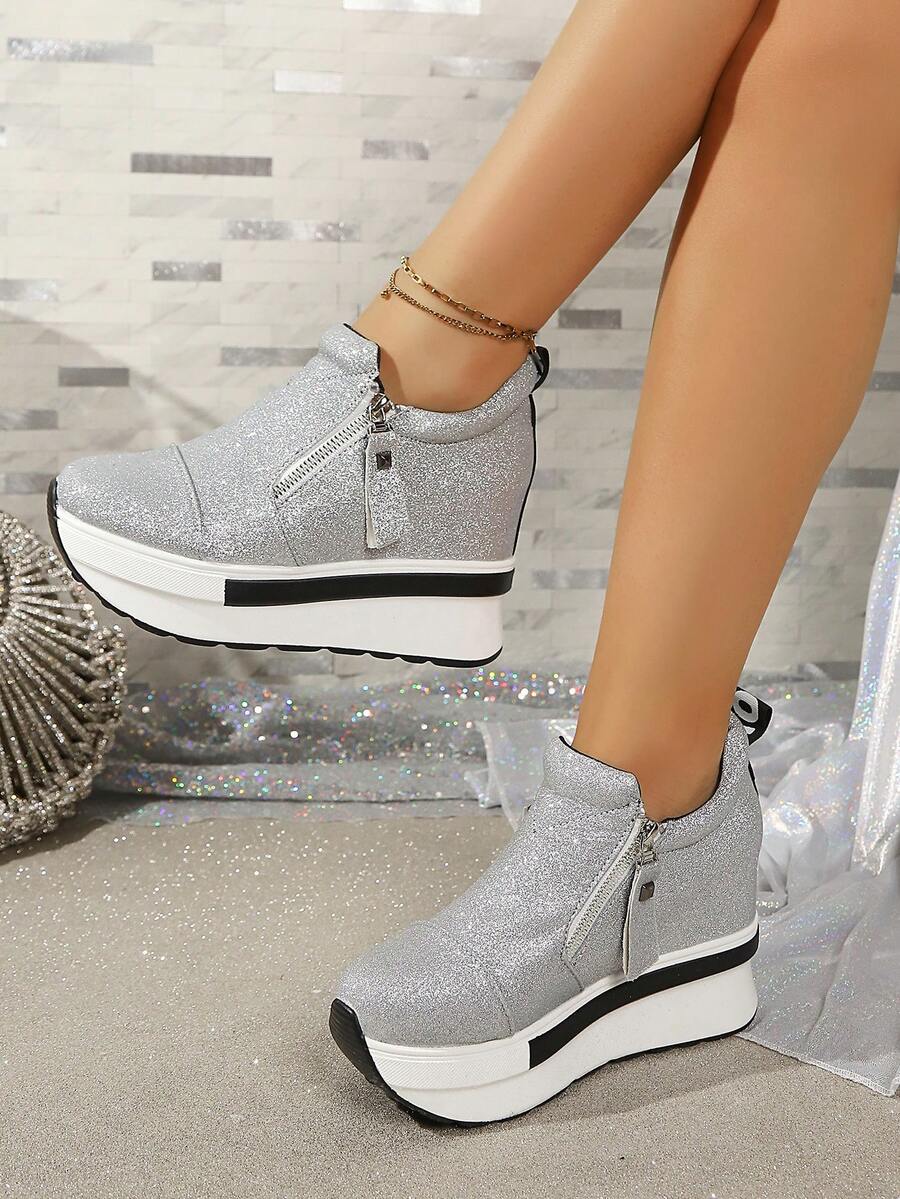 9cm Hidden Height Increase Thick Sole Casual Shoes With Double Side Zippers, Versatile Platform Sneakers