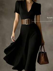 HUTENER Vestido midi A-line de mujer negro con cuello pequeño, manga corta y cintura ceñida, ropa de verano para mujer, vestido midi A-line que estiliza sin cinturón, elegante para ir al trabajo y uso diario (sin cinturón incluido) - Negro - Ver 3