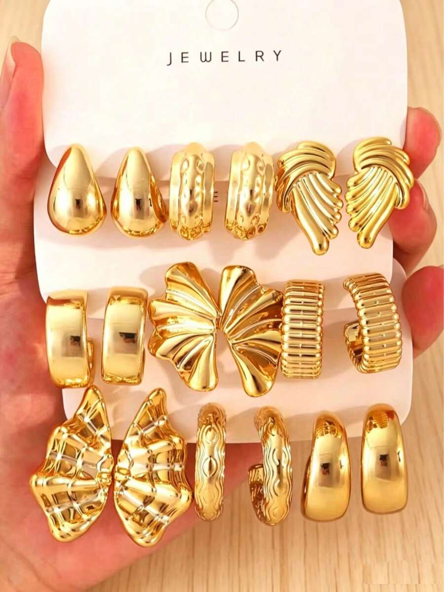 European And American Ins Style Heavy Gold Stud Earring Set, Asymmetrical Curved Texture Vintage Elegant Earrings - Gold - View 1